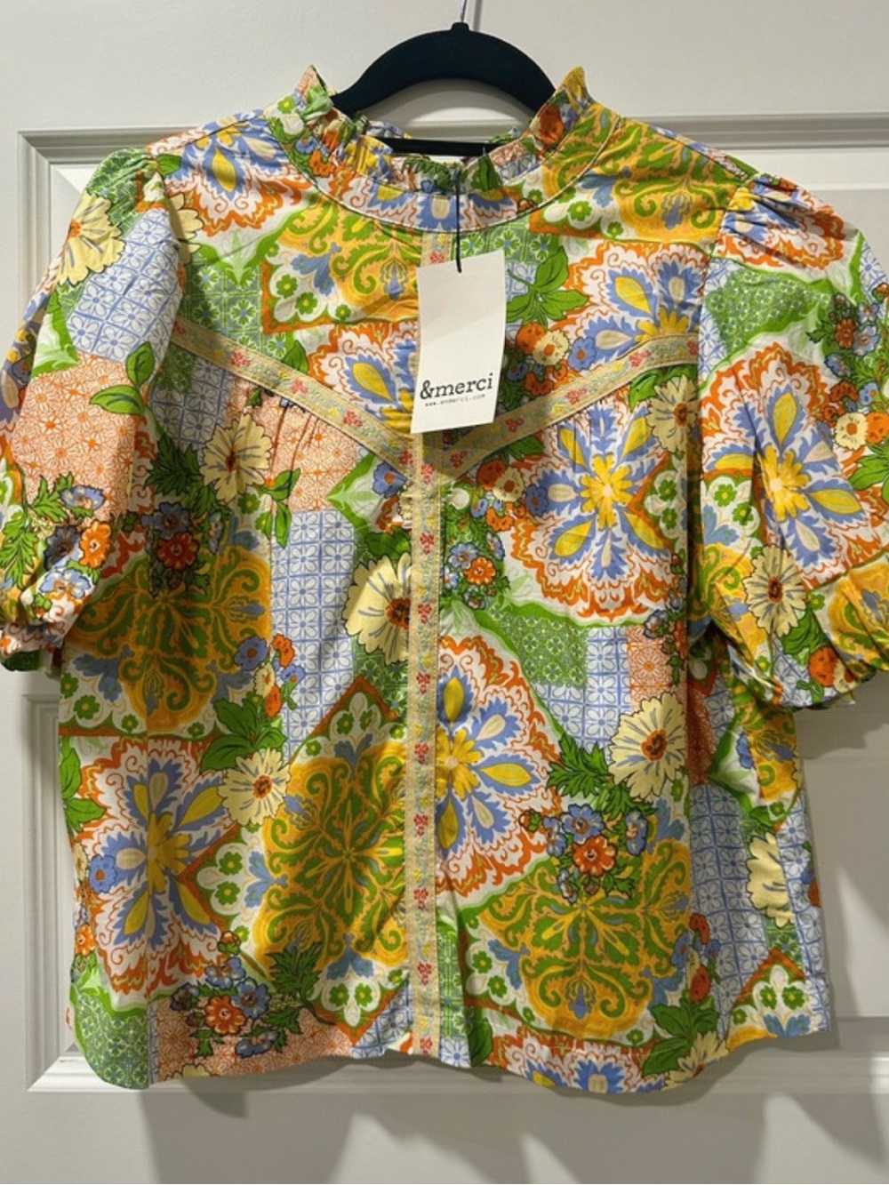&merci Multicolor Floral Patchwork Short Sleeve Button-Down Shirt - Green Mix